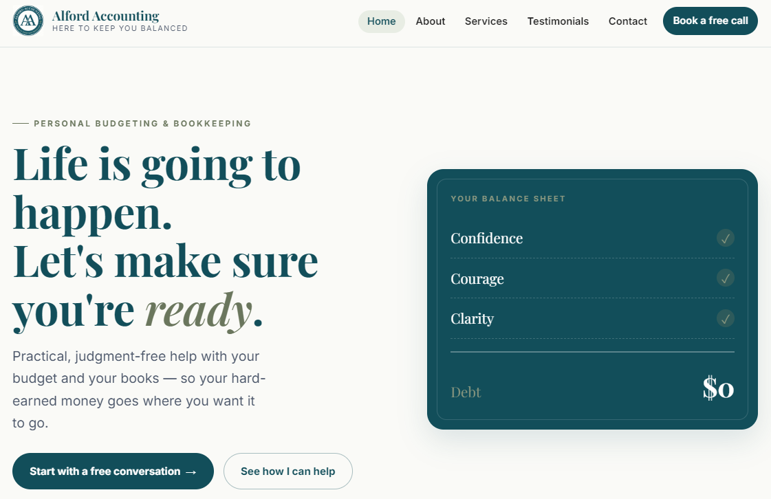 Alford Accounting Services homepage, featuring the headline "Life is going to happen. Let's make sure you're ready."