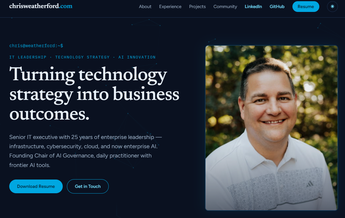 chrisweatherford.com homepage in dark mode, featuring the headline "Turning technology strategy into business outcomes."