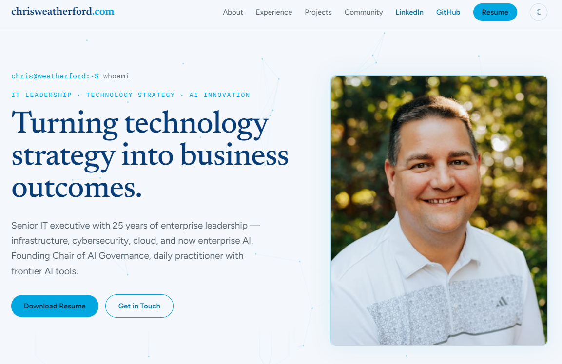 chrisweatherford.com homepage in light mode, featuring the headline "Turning technology strategy into business outcomes."