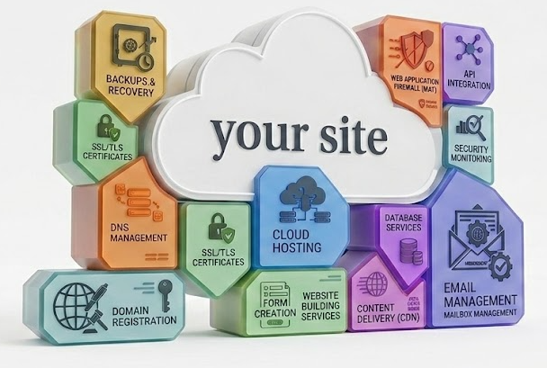 Your site, hosted at the center, surrounded by everything we manage behind the scenes: backups & recovery, SSL/TLS certificates, DNS management, domain registration, form creation, website building services, content delivery (CDN), database services, cloud hosting, web application firewall, API integration, security monitoring, and email management.