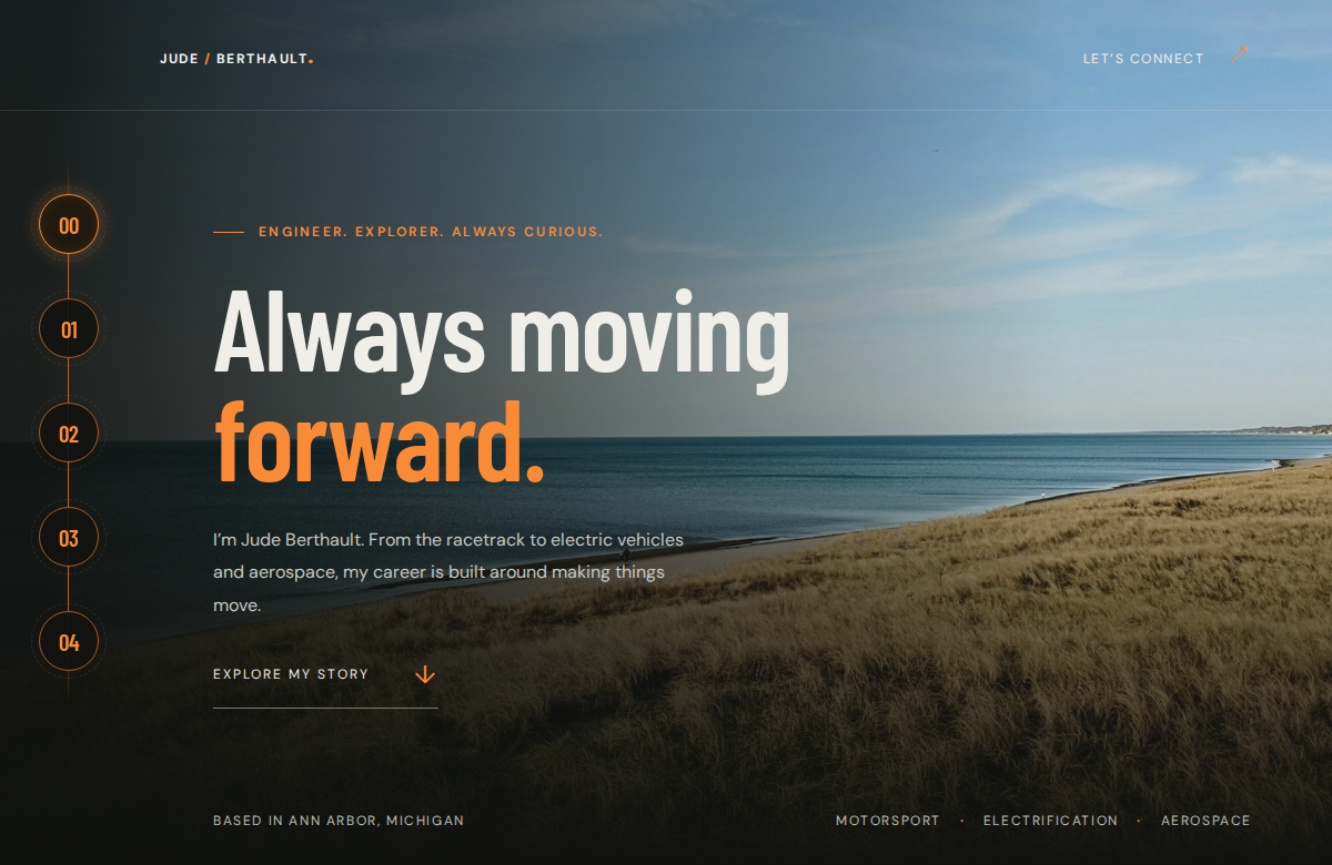 judeberthault.com homepage, featuring the headline "Always moving forward." over a photo of a Lake Michigan beach.