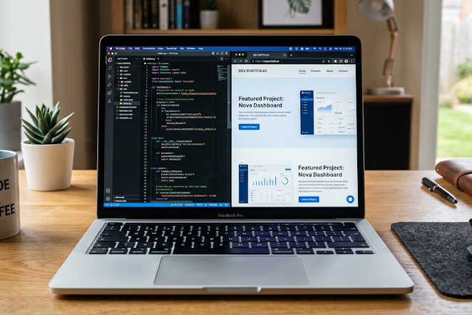 A laptop showing a code editor and a live website preview side by side, representing custom website design and development.